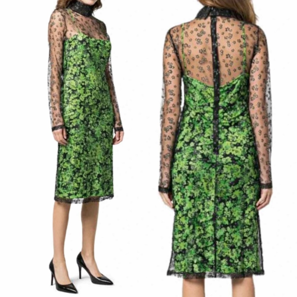NEW Stine Goya Ibi Floral Pointilism Mesh Overlay Dress Green Black Size XS